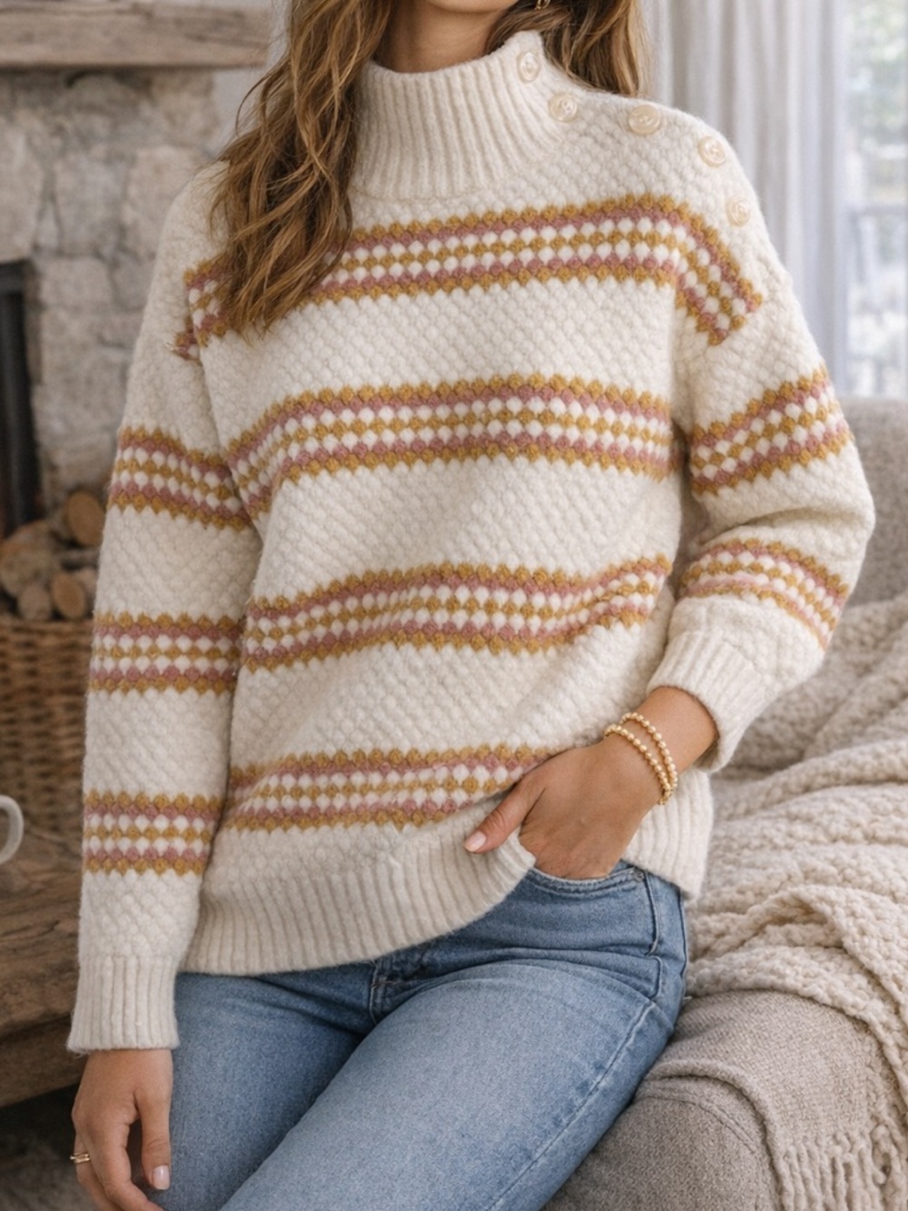FRNCH Paris • Textured Chunky Knit Button Shoulder Sweater